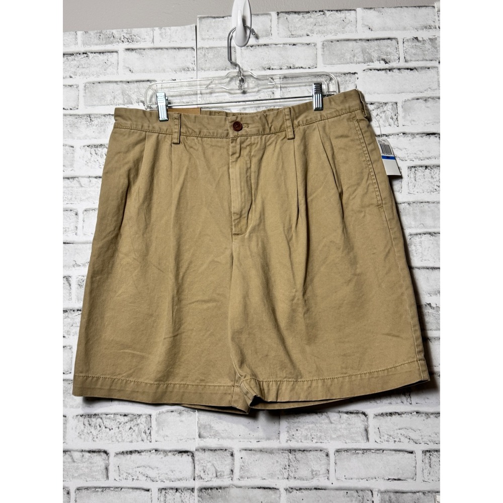 IZOD Mens Antique Wash Double Pleated Khaki Chino Shorts Tan 36W New
